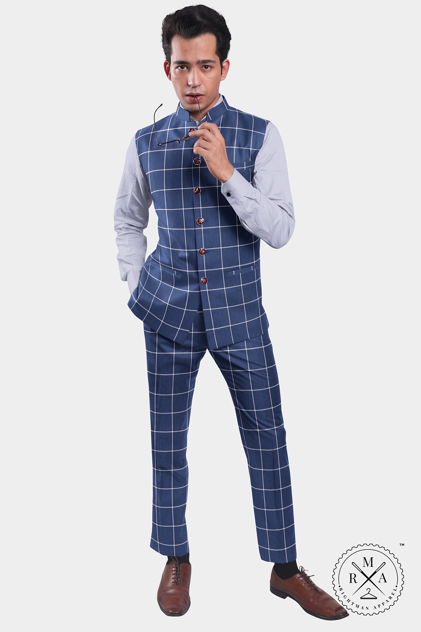 Blue Half Jacket With White Windowpane Checks SU43